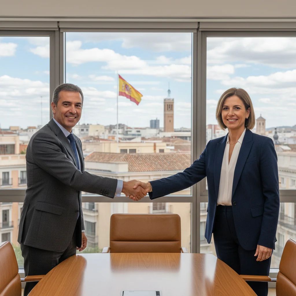 A photorealistic image depicting two professionals in a modern office setting in Spain, shaking hands over a conference table with subtle Spanish elements like a flag or architecture in the background, symbolizing a successful business agreement or settlement, conveying trust and resolution without showing any documents.