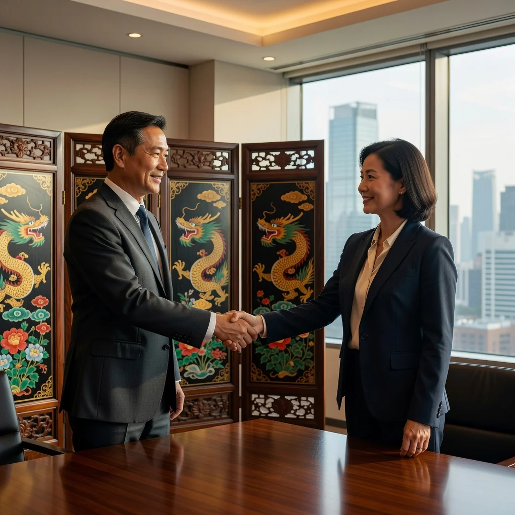 A photorealistic image of two professionals in a modern conference room, shaking hands across a table to symbolize reconciliation and agreement in a Chinese legal context, with subtle Chinese cultural elements like a traditional screen in the background, conveying harmony and resolution without focusing on documents.