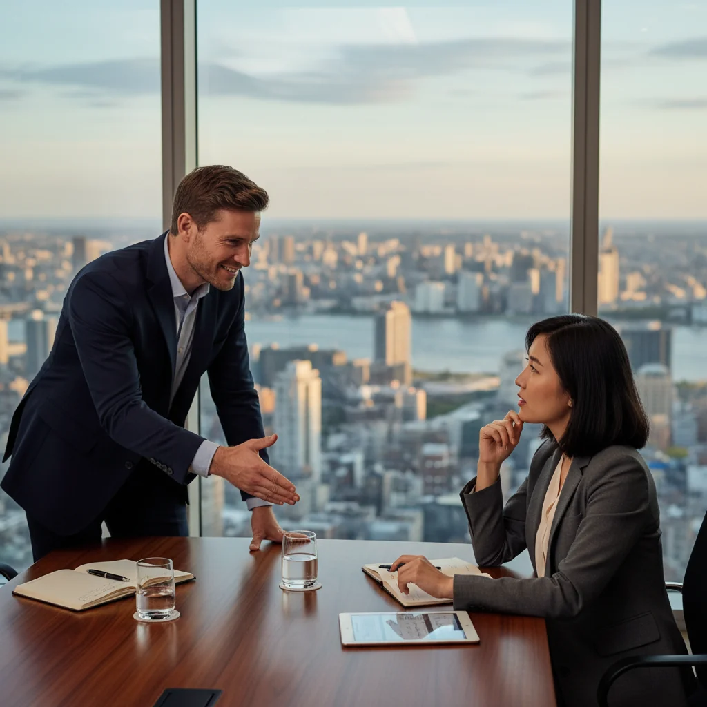 A photorealistic image depicting two adult professionals in a modern office setting, engaged in a thoughtful discussion over a negotiation table, symbolizing the weighing of advantages and disadvantages in a settlement agreement. One person gestures positively while the other looks contemplative, with subtle elements like a balanced scale in the background to represent decision-making, no legal documents visible, ensuring no children are present.