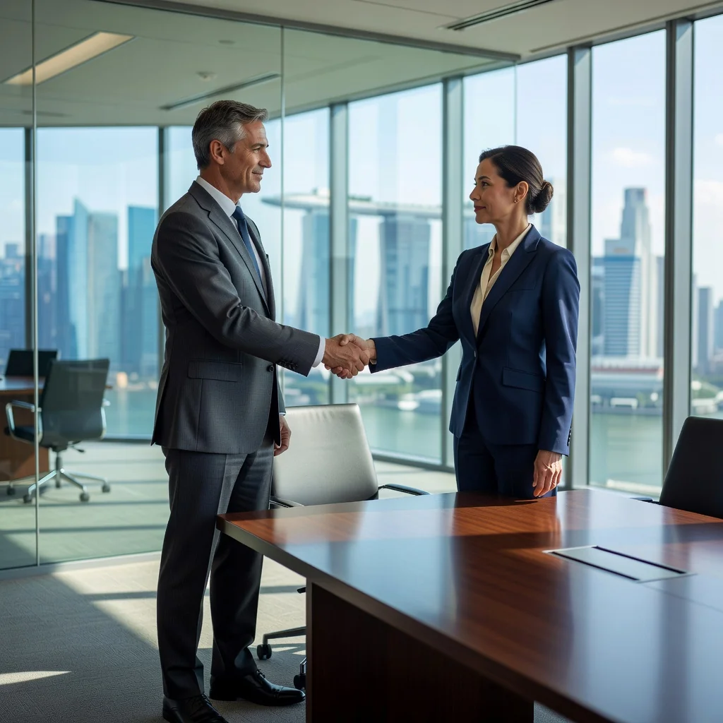 A photorealistic image of two professional adults in business attire shaking hands across a conference table in a modern Singapore office, symbolizing the agreement and resolution in a settlement, with a subtle view of the Singapore skyline in the background to represent the location. No children or legal documents visible.