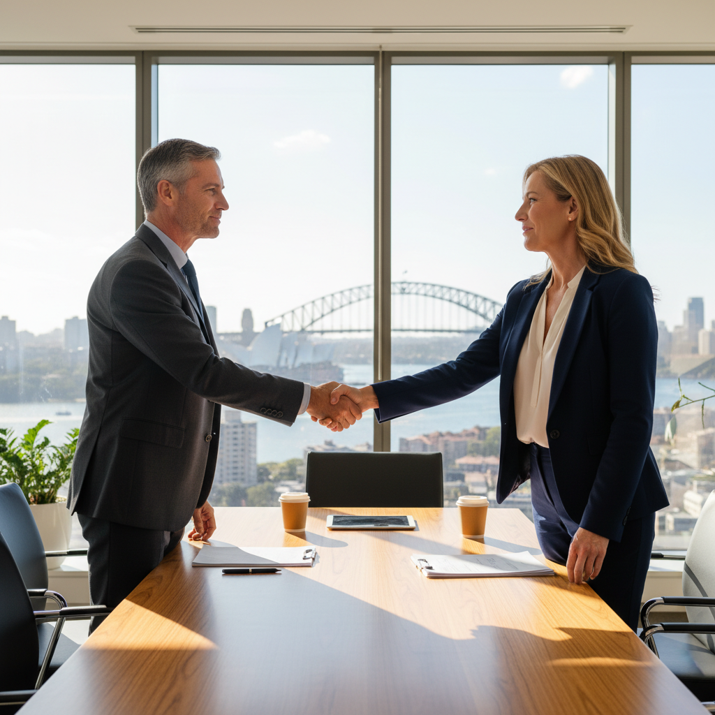 A photorealistic image of two adult professionals, one representing an employee and the other an employer, engaged in a serious negotiation meeting across a conference table in a modern Australian office setting, symbolizing the resolution of an employment dispute through a settlement agreement.