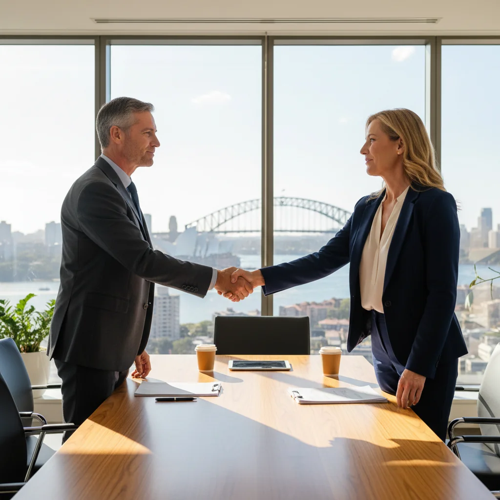A photorealistic image of two adult professionals, one representing an employee and the other an employer, engaged in a serious negotiation meeting across a conference table in a modern Australian office setting, symbolizing the resolution of an employment dispute through a settlement agreement.