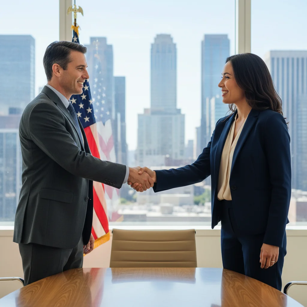 A photorealistic image depicting two professionals in a modern conference room, shaking hands across a table after reaching an agreement, symbolizing resolution and settlement in a business context, with subtle American flag elements in the background to represent the United States.