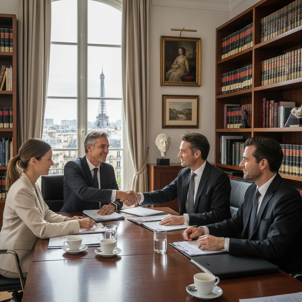 A photorealistic image of a professional meeting in a modern French law office, where a diverse group of adult lawyers and clients are discussing a settlement agreement amicably around a conference table, symbolizing resolution and agreement in French law, with French legal books and a subtle Eiffel Tower view in the background. No children present.