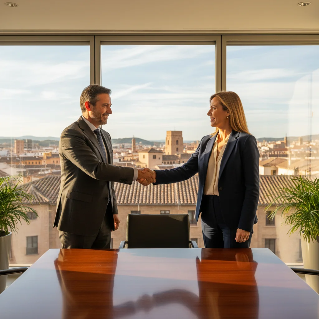 A photorealistic image of two professional adults, a man and a woman in business attire, shaking hands across a conference table in a modern Spanish office, symbolizing a successful business transaction agreement. The setting includes subtle Spanish elements like a flag or architecture in the background, conveying resolution and partnership without focusing on documents.