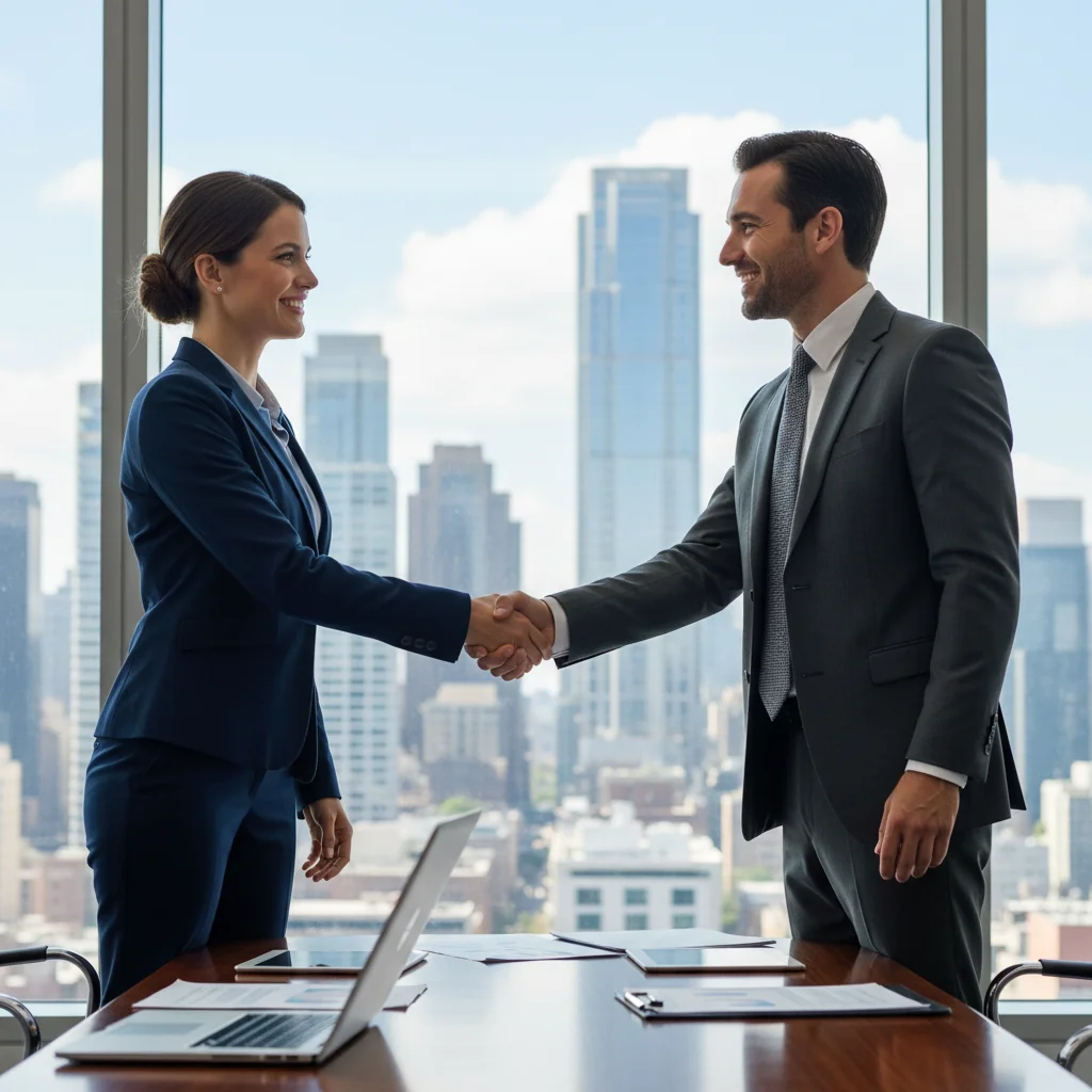 A photorealistic image of two professionals shaking hands across a conference table in a modern office, symbolizing agreement and successful comparison in a business contract context, with no legal documents visible.