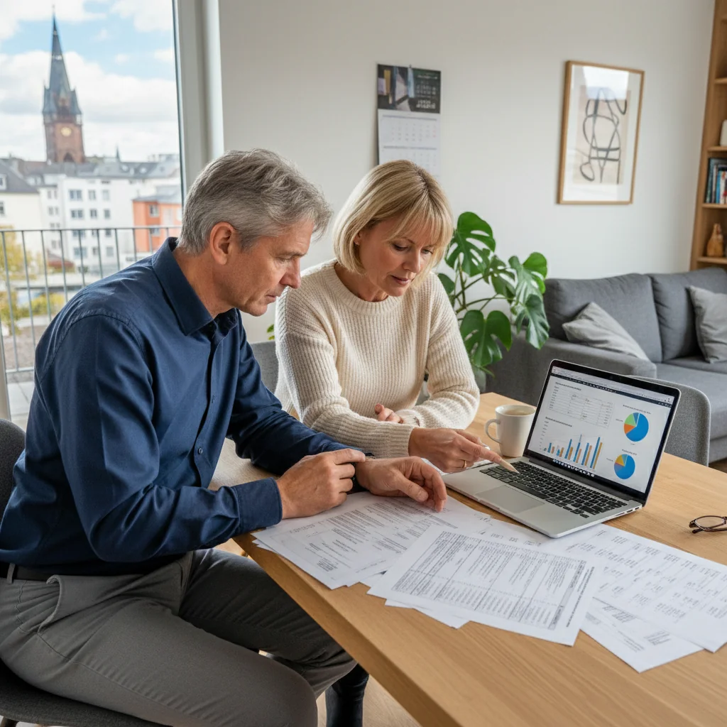 A photorealistic image of a middle-aged German couple in a modern living room, reviewing financial documents on a laptop together, symbolizing the process of comparing and selecting a comparison contract for insurance or financial services in Germany, with subtle German elements like a flag or cityscape in the background.