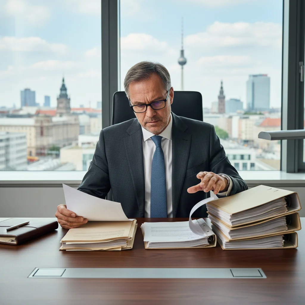 A professional setting in Germany representing the comparison and review of legal documents, such as a focused lawyer or business professional sitting at a modern desk in an office, examining papers with a thoughtful expression, surrounded by elements like a German flag or Berlin skyline in the background to evoke a sense of legal formality and precision, no children present, photorealistic style.