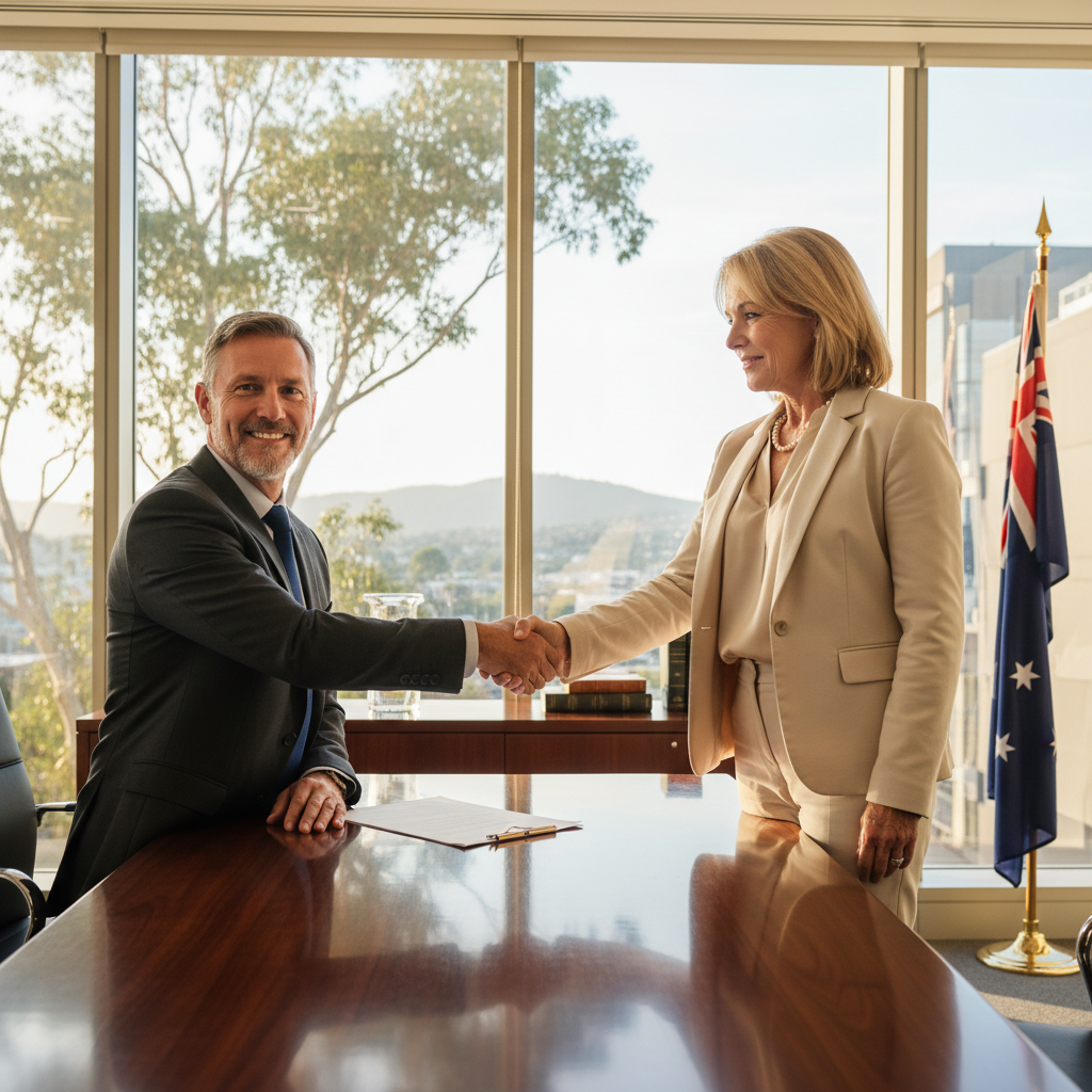 A photorealistic image of two professional adults, a lawyer and a client, shaking hands across a desk in a modern Australian law office, symbolizing the agreement and resolution in a settlement, with Australian flag subtly in the background, conveying trust and closure in legal matters.