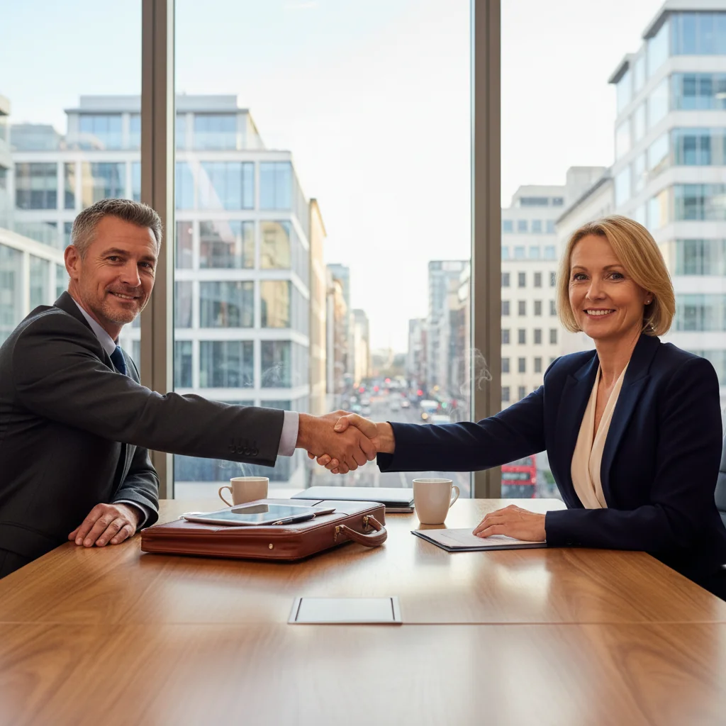 A photorealistic image depicting two adults in a professional setting shaking hands across a conference table, symbolizing the agreement and resolution aspect of a settlement agreement, with a modern office background including subtle elements like a briefcase and coffee cups, no children present.