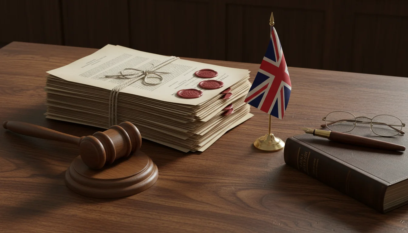 Gavel and UK flag beside legal papers
