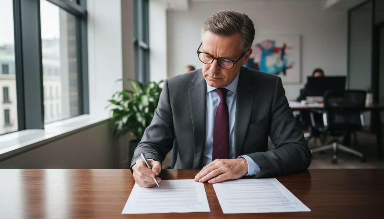 Professional lawyer reviewing settlement document