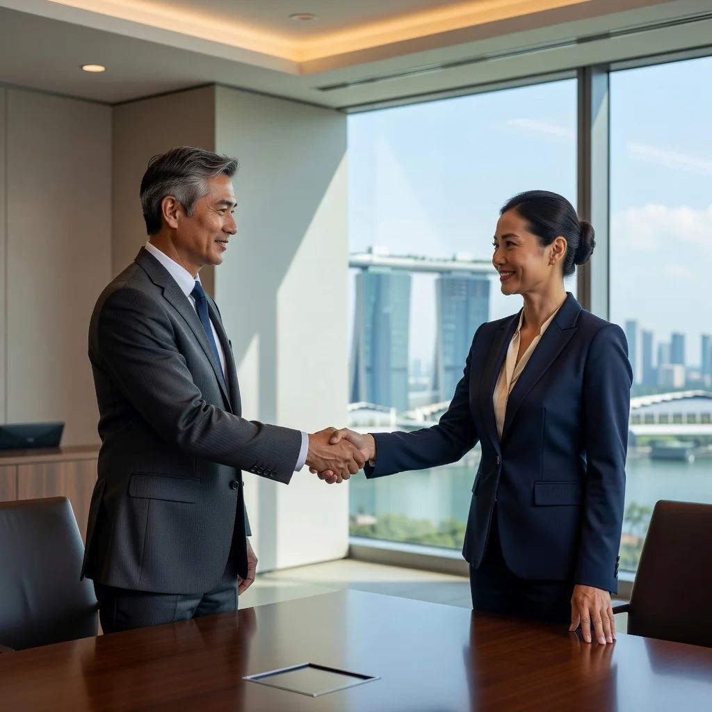 A photorealistic image representing the resolution and agreement in a settlement context in Singapore, featuring two diverse adult professionals shaking hands in a modern conference room with subtle Singapore skyline in the background, symbolizing mutual understanding and closure without any legal documents visible.