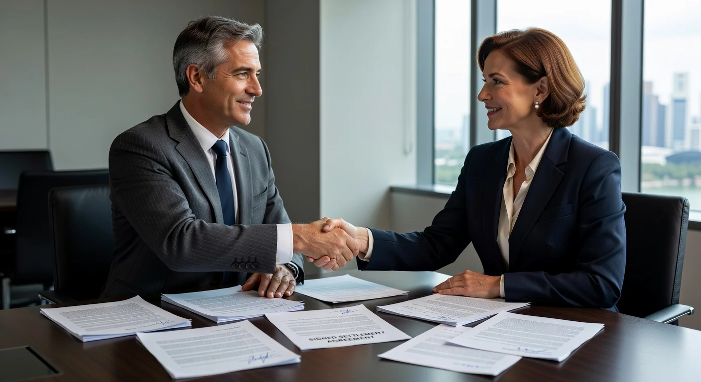 Two adults signing settlement agreement