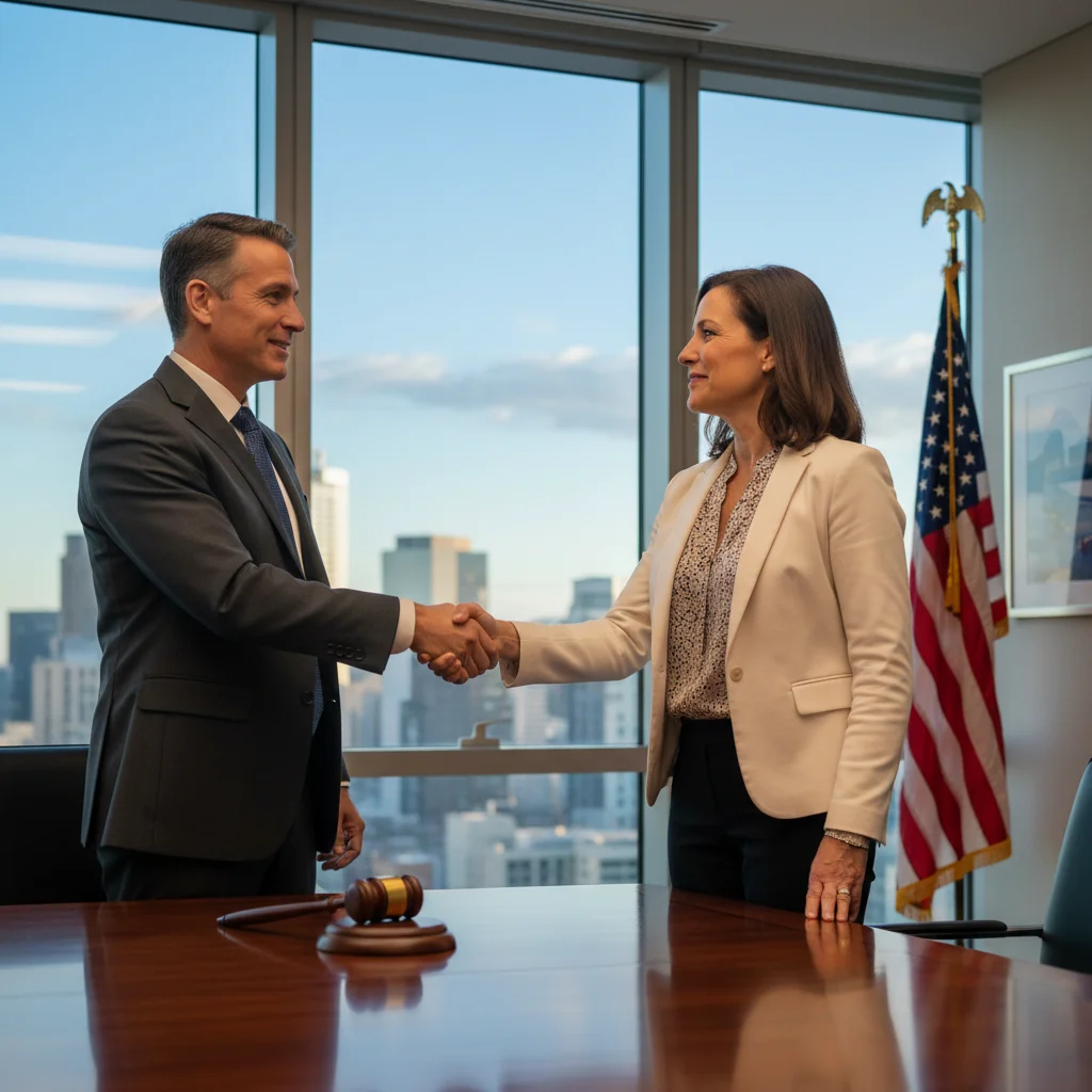 A photorealistic image of two professional adults, a lawyer and a client, shaking hands across a conference table in a modern office, symbolizing the agreement and resolution reached through a settlement agreement, with a subtle American flag in the background to denote the United States context. No children are present in the image.