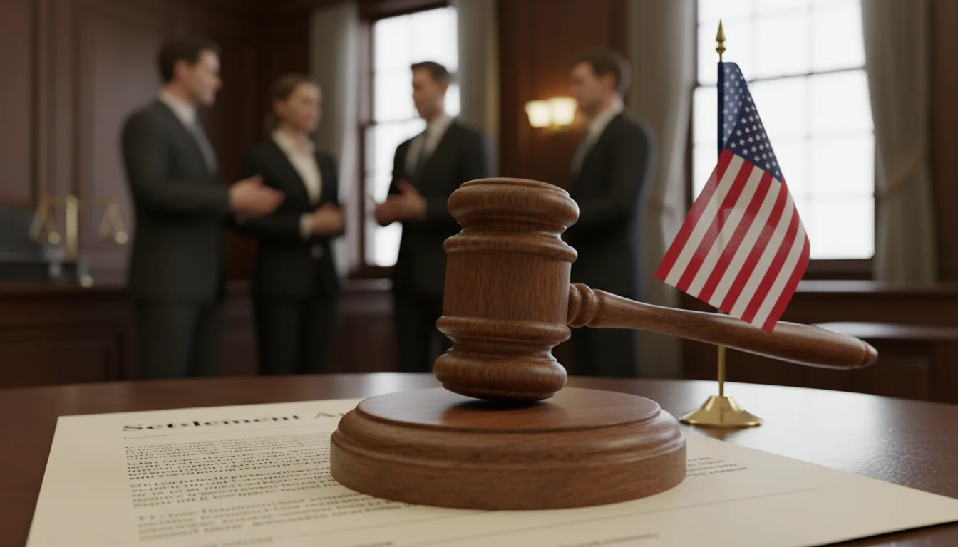 Gavel and US flag in courtroom