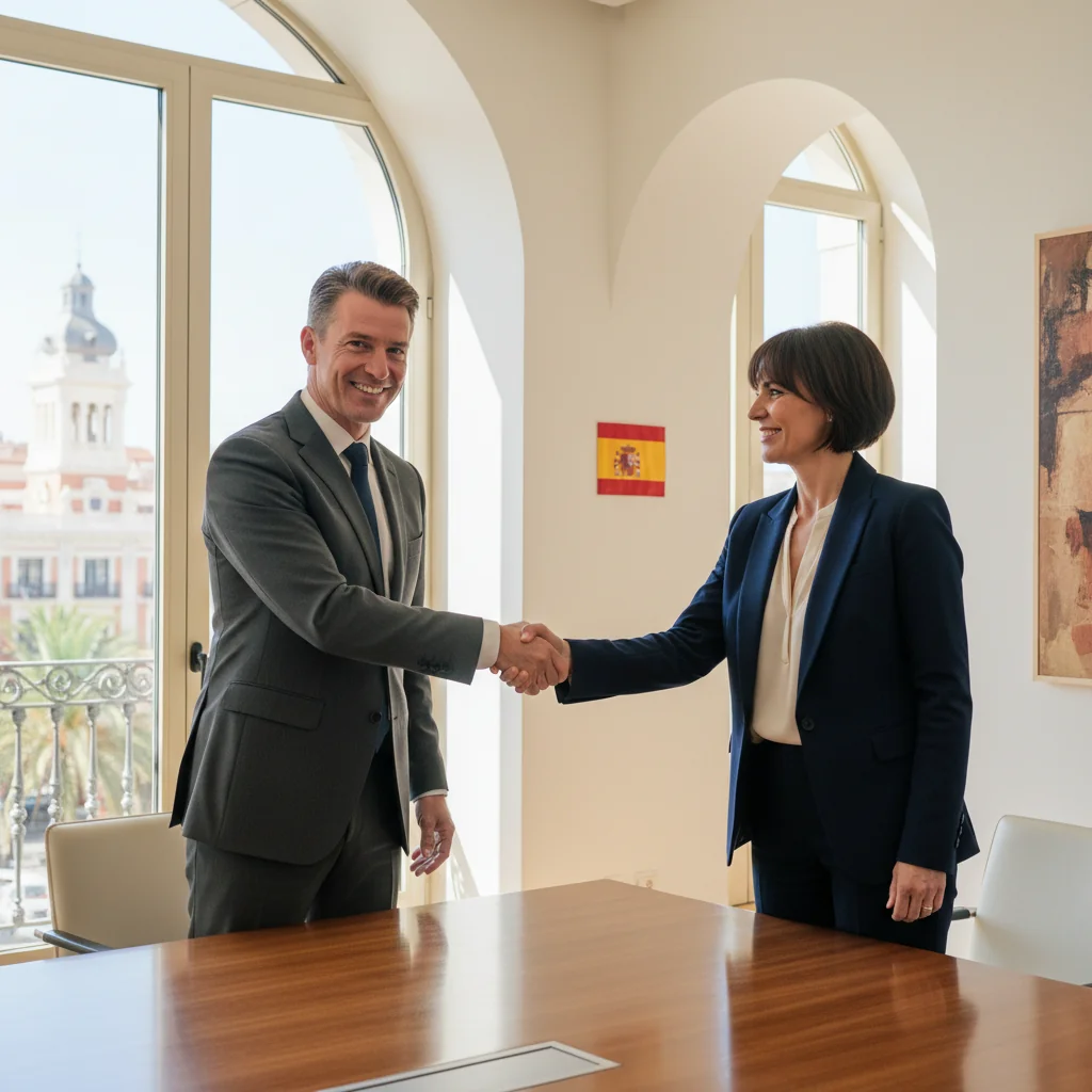 A photorealistic image representing the concept of a settlement agreement in Spain, showing two professionals in a modern office shaking hands over a conference table, symbolizing resolution and agreement, with subtle Spanish elements like a flag or map in the background, conveying trust and legal closure without depicting any documents.