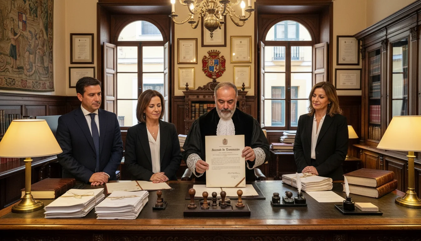 Notary authenticating Spanish transaction agreement