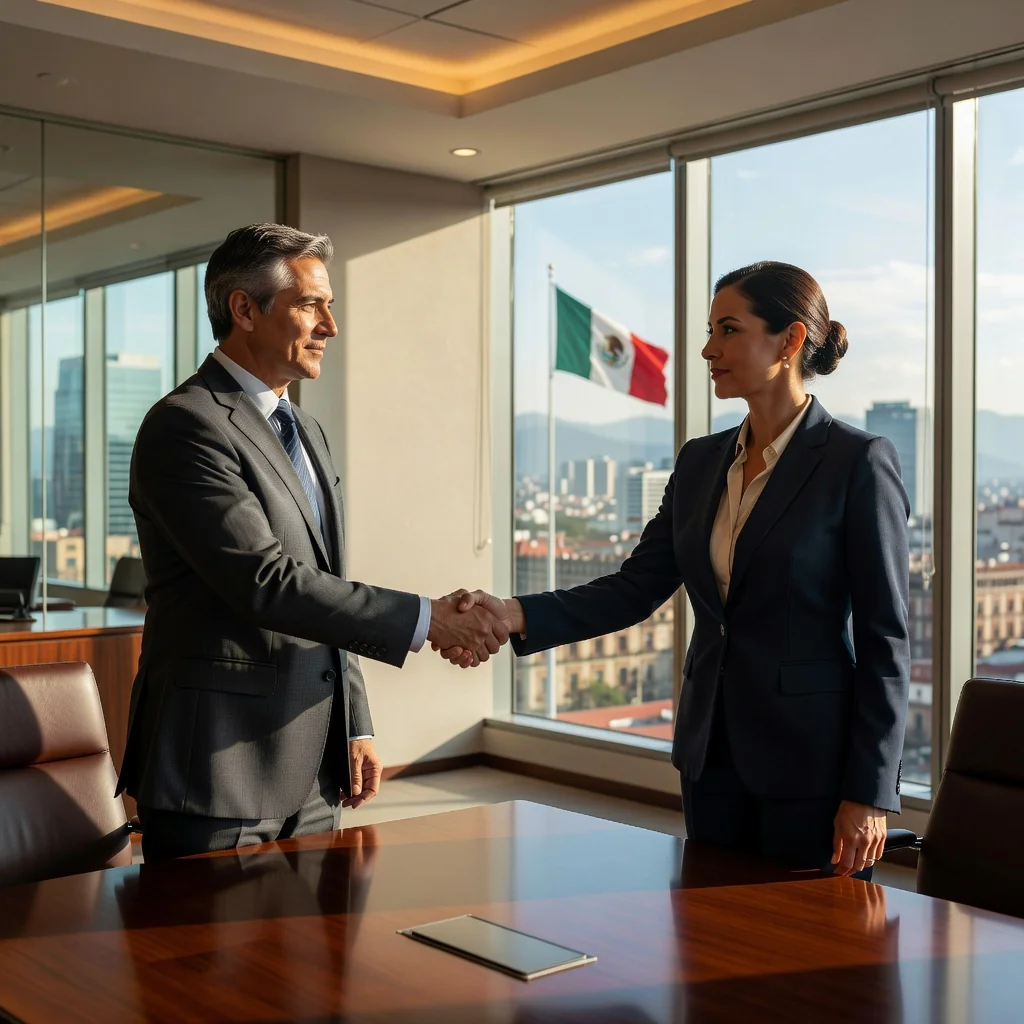 A photorealistic image representing the concept of a settlement agreement in Mexico, showing two adults in a professional setting shaking hands across a conference table, with subtle Mexican cultural elements like a flag or cityscape in the background, symbolizing resolution and agreement without focusing on documents.