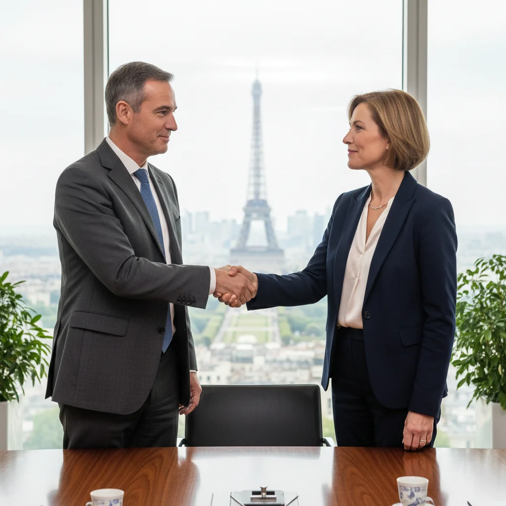 A professional scene in France representing the amicable settlement of a legal dispute, showing two adults in business attire shaking hands across a table in a modern office, with subtle French elements like a Eiffel Tower view in the background, conveying agreement and resolution without any documents visible.