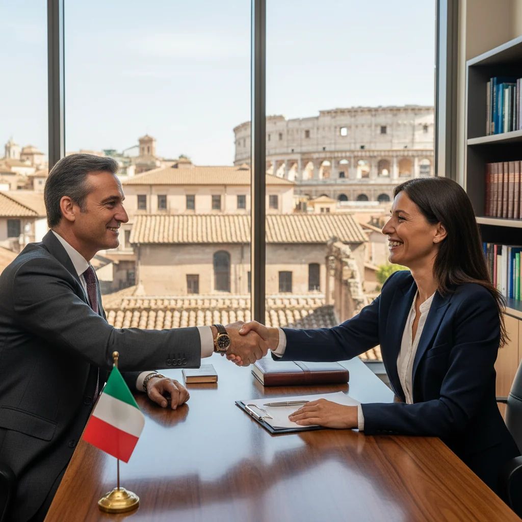 A professional lawyer in a modern Italian office, shaking hands with a business client across a desk, symbolizing agreement and settlement in legal matters, with subtle Italian elements like a flag or architecture in the background.
