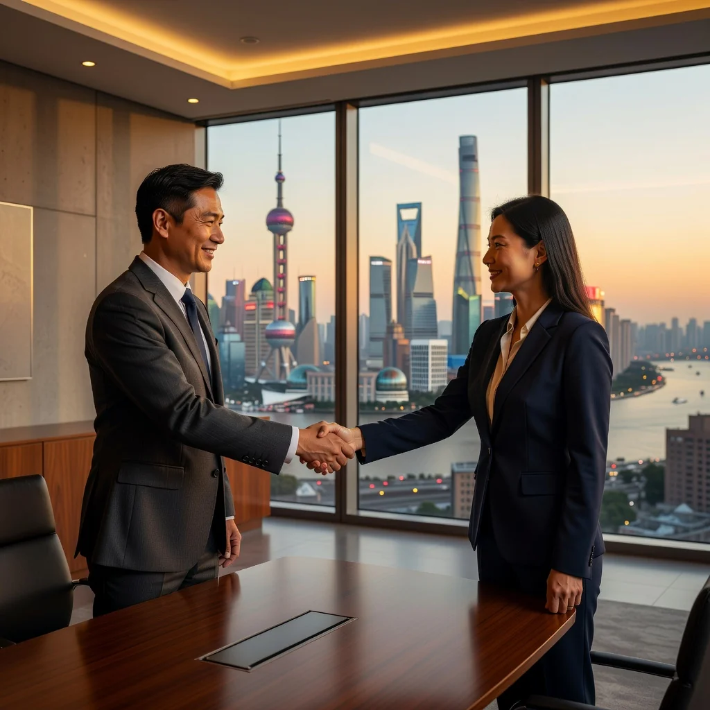 A photorealistic image depicting two professionals in a modern Chinese office shaking hands over a conference table, symbolizing reconciliation and agreement in a business context, with subtle Chinese cultural elements like a city skyline view from the window, conveying harmony and resolution without showing any documents.