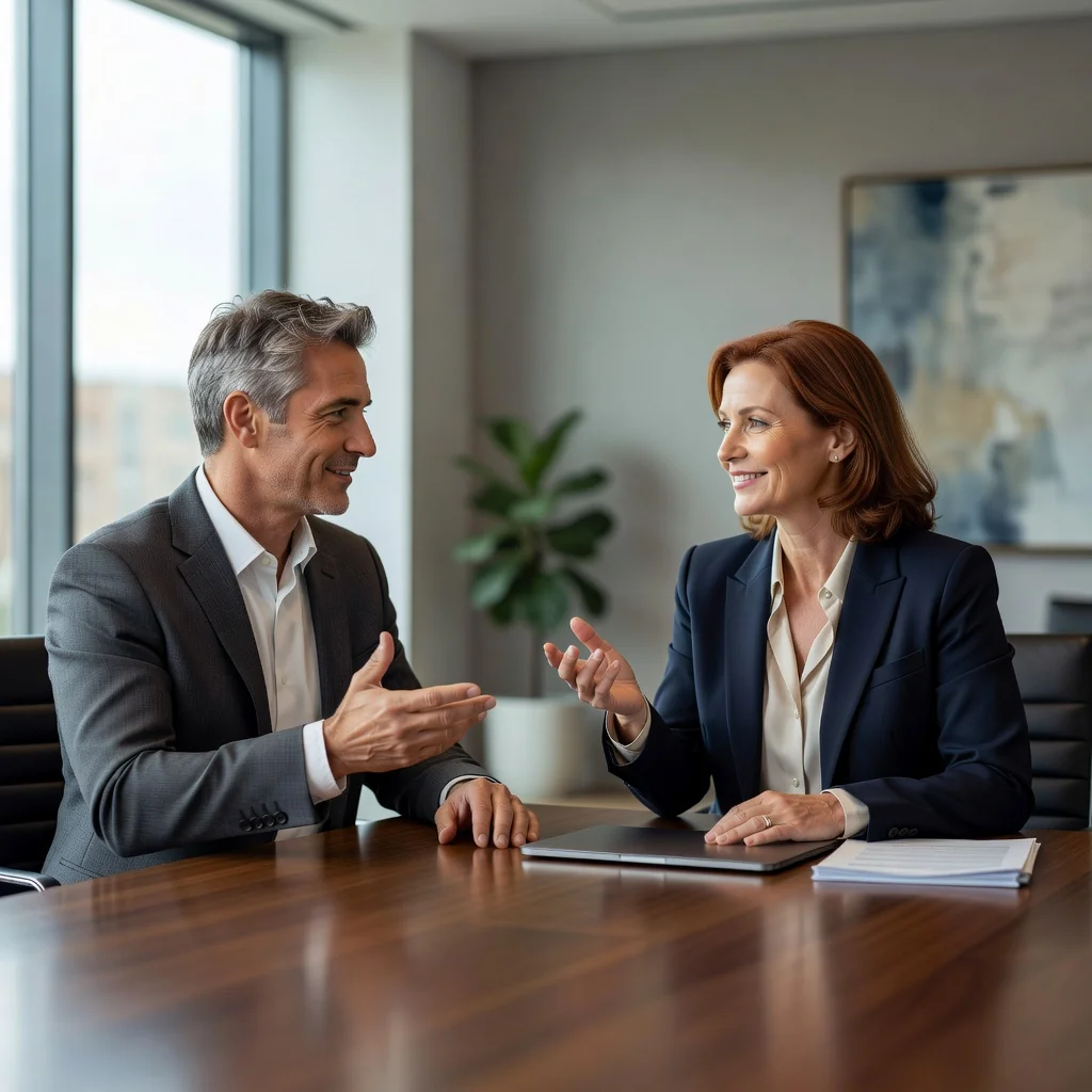 A photorealistic image depicting two adults in a professional setting engaged in a peaceful mediation discussion, symbolizing conflict resolution through dialogue and agreement, with a neutral background like a modern conference room.