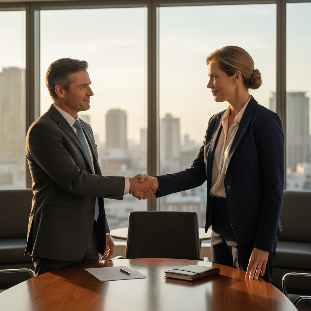 A photorealistic image of two professional adults, a man and a woman in business attire, shaking hands across a conference table in a modern office setting, symbolizing a successful mediation agreement and resolution of a dispute, with a neutral background and no legal documents visible.