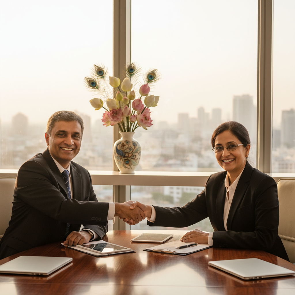 A photorealistic image of two professional adults in a modern conference room, shaking hands across a table to symbolize agreement and mediation in a business context, with subtle Indian architectural elements in the background to represent India, conveying trust and resolution without any legal documents visible.