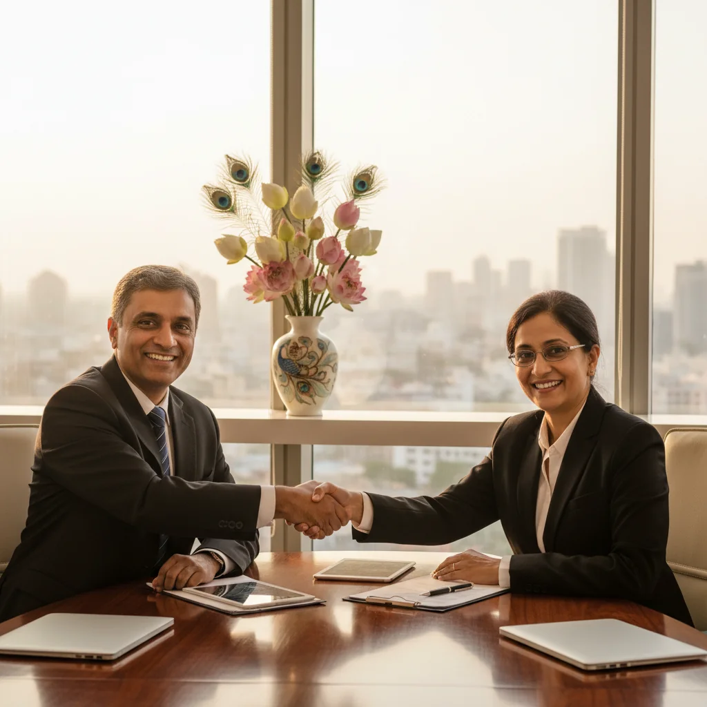 A photorealistic image of two professional adults in a modern conference room, shaking hands across a table to symbolize agreement and mediation in a business context, with subtle Indian architectural elements in the background to represent India, conveying trust and resolution without any legal documents visible.