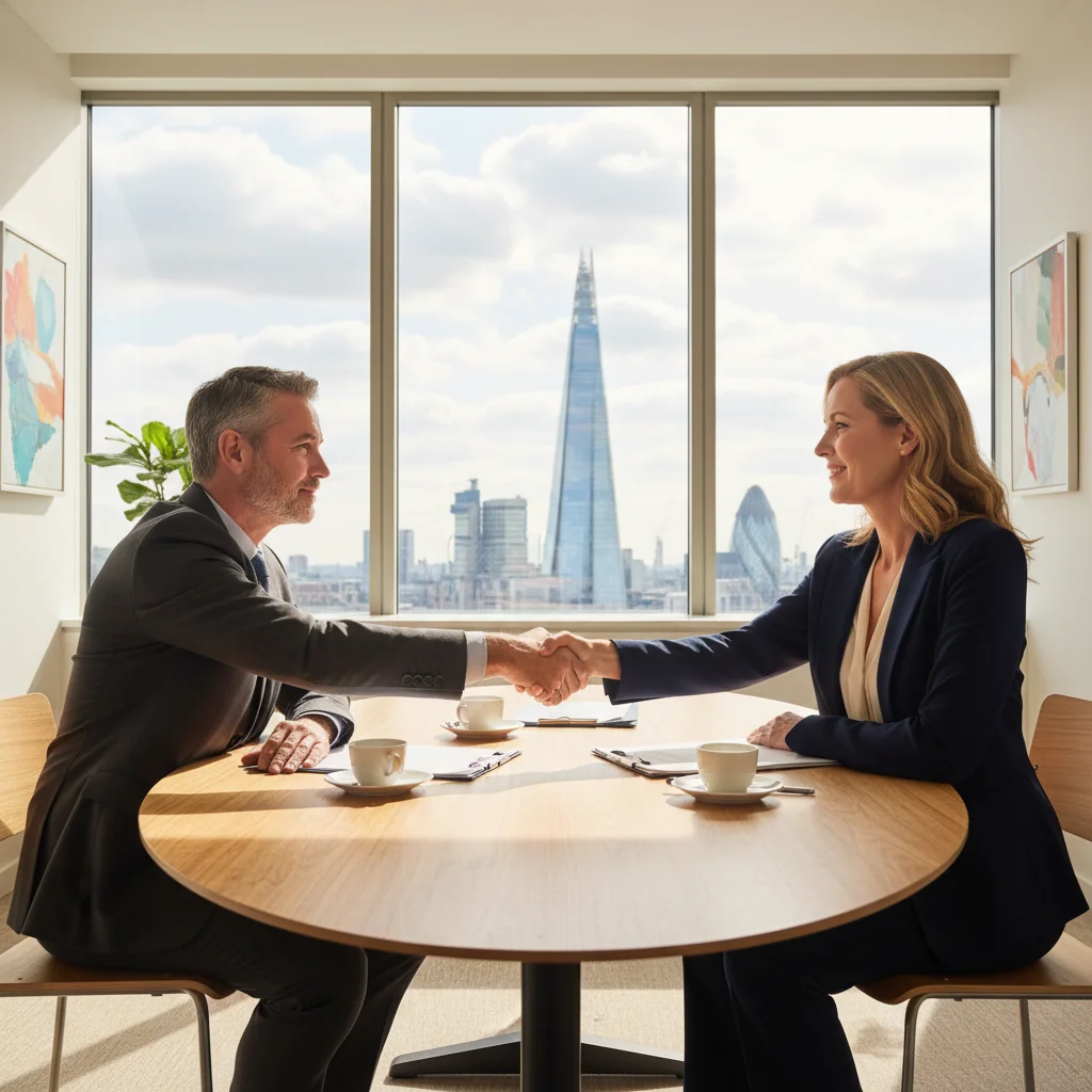 A photorealistic image depicting two professional adults in a modern UK conference room, engaged in a calm mediation discussion around a table, symbolizing peaceful dispute resolution without any legal documents visible.