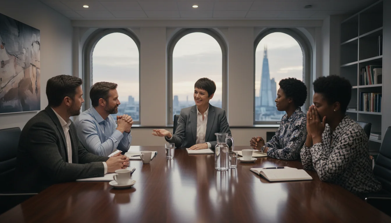 Group discussing peacefully around conference table