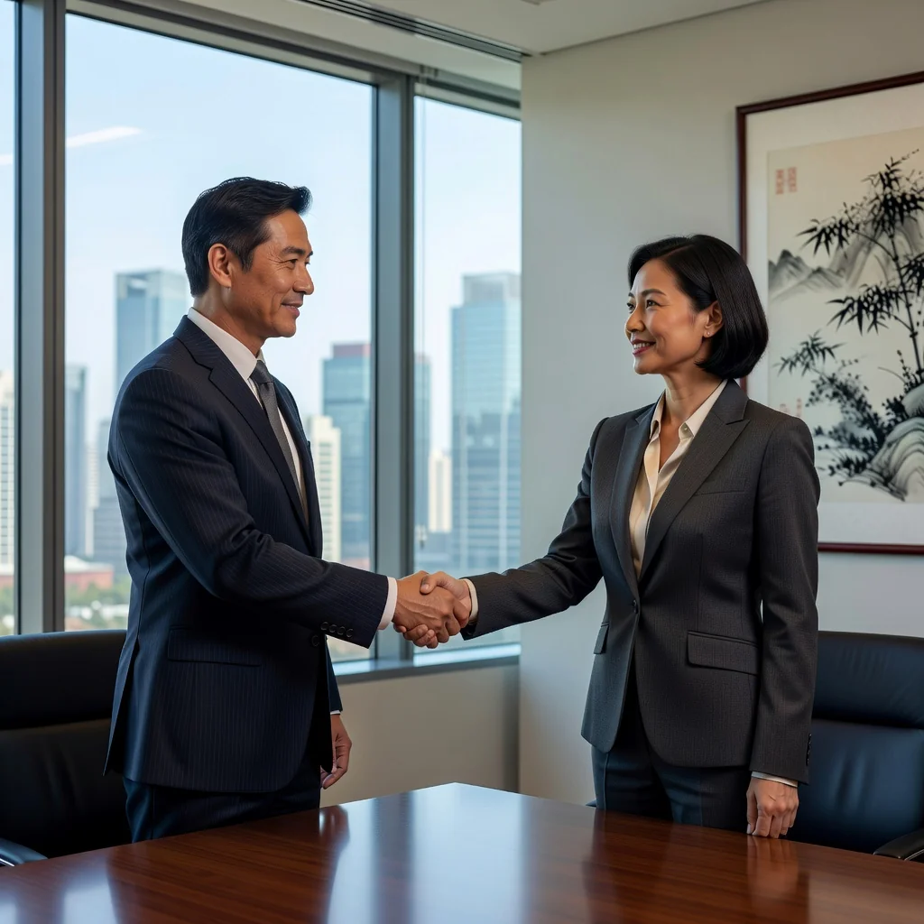 A professional scene symbolizing mediation and agreement resolution in a Chinese context, featuring two adults in business attire shaking hands across a table in a modern conference room with subtle Chinese architectural elements in the background, conveying harmony and legal resolution without showing any documents.