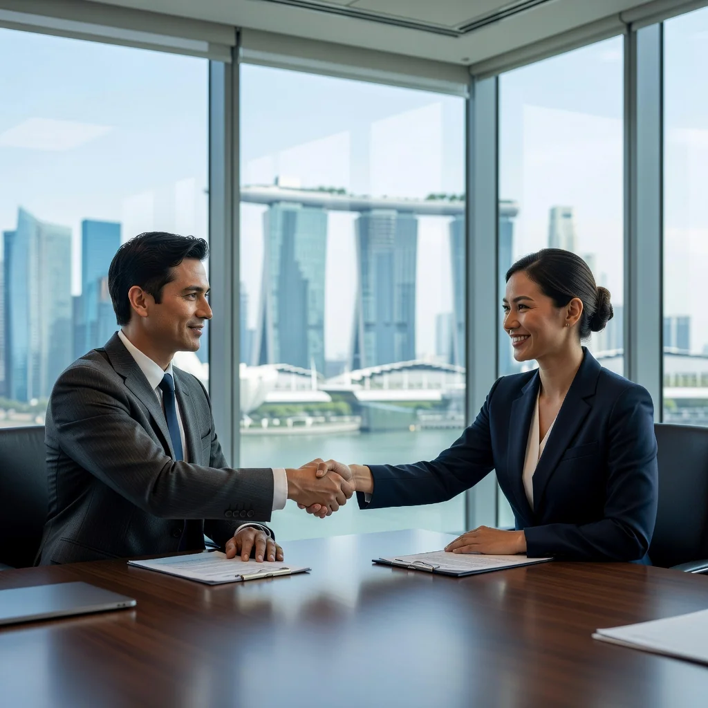 A photorealistic image of two professionals in business attire engaged in a mediation session in a modern Singapore office, shaking hands across a conference table to symbolize agreement and resolution, with subtle Singapore skyline visible through the window, conveying enforceability and successful settlement without focusing on documents.