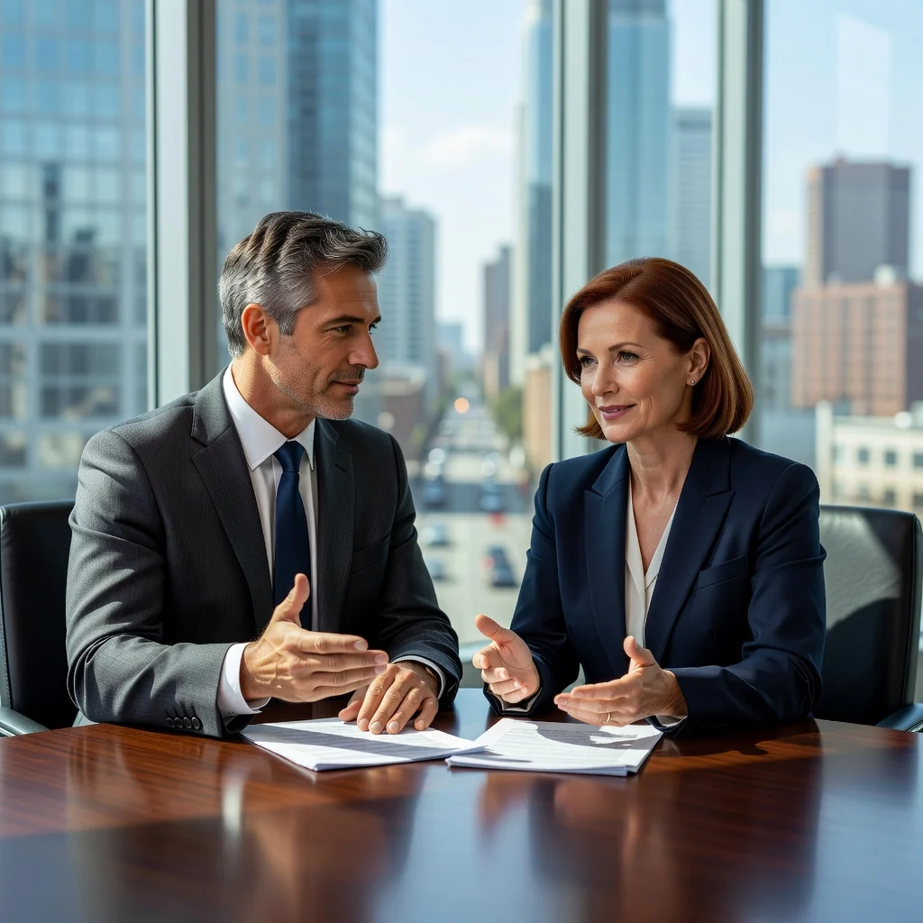 A photorealistic image of two adults in a professional setting engaged in mediation, sitting across a table in a modern conference room, discussing calmly with open body language to represent effective conflict resolution.
