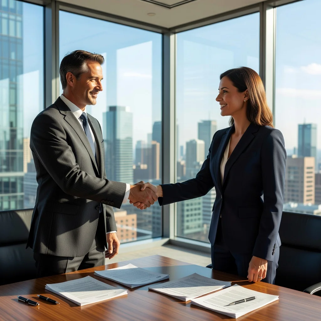 A photorealistic image of two adults shaking hands in a modern conference room, symbolizing a successful mediation agreement, with a subtle background of a city skyline to represent resolution and choice in legal matters.
