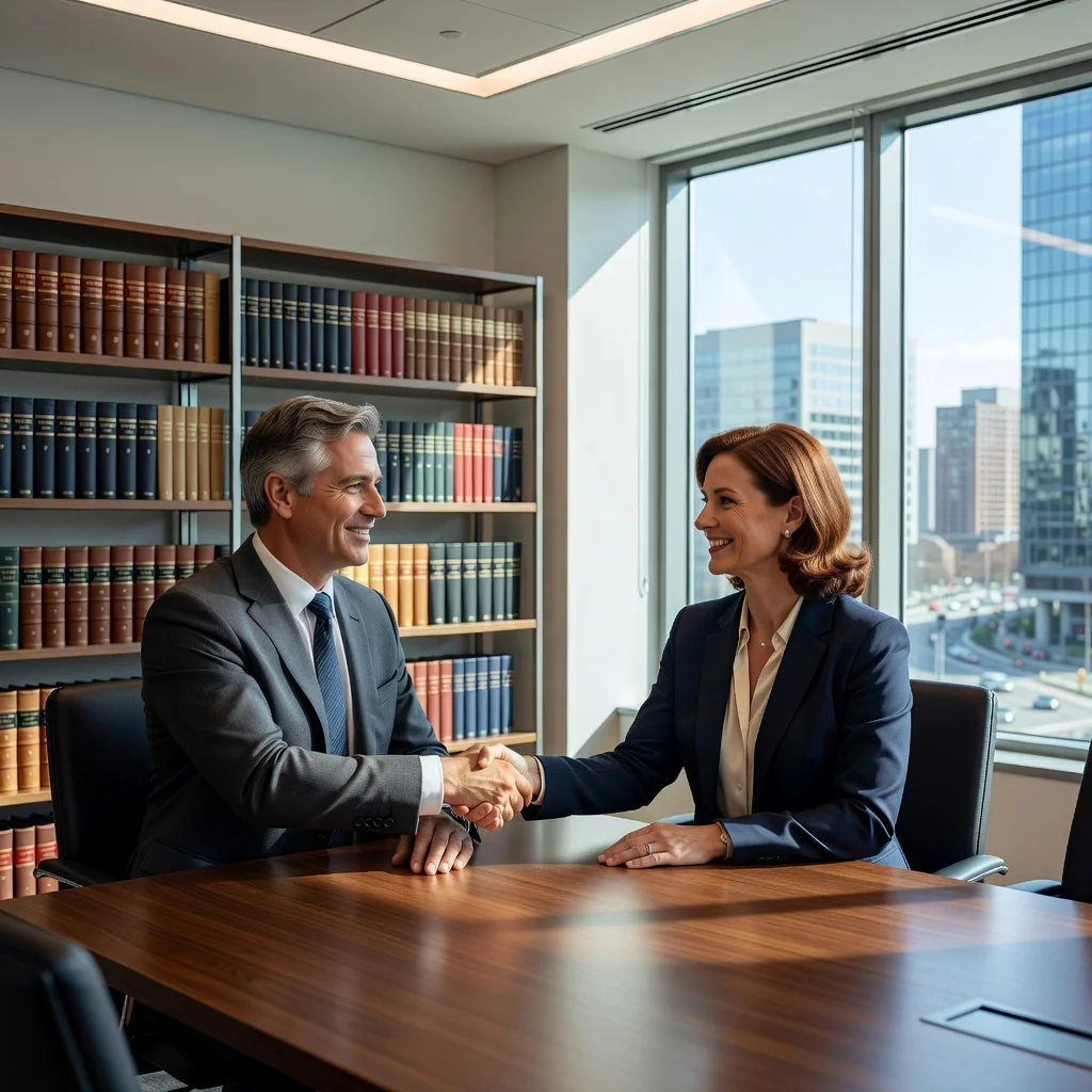 A photorealistic image depicting two professional adults in a modern mediation room, shaking hands amicably across a table with subtle legal books in the background, symbolizing peaceful resolution of legal disputes through mediation. The atmosphere is calm and positive, emphasizing agreement and harmony.