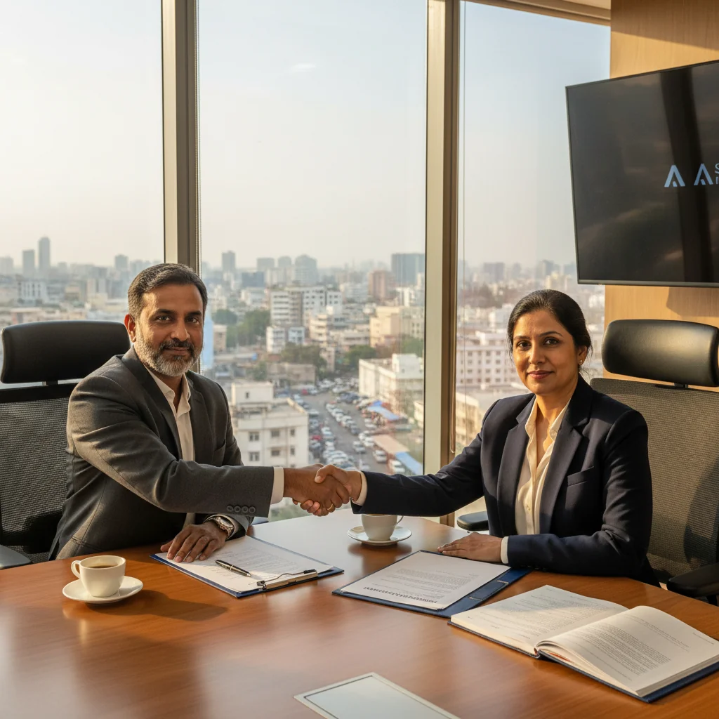 A photorealistic image depicting two professional adults in a modern conference room engaged in a peaceful mediation discussion, symbolizing the resolution of disputes through arbitration in India, with subtle Indian cultural elements like a window view of an urban Indian cityscape, conveying trust, agreement, and harmony without showing any legal documents.