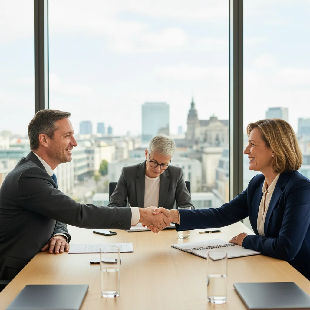 A photorealistic image depicting two adults in a mediation session in a modern German office, shaking hands amicably after reaching an agreement, symbolizing conflict resolution and harmony in a legal context.
