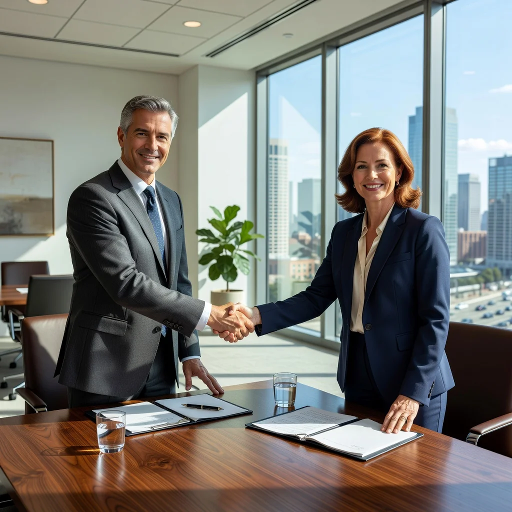 A photorealistic image depicting two professionals in a modern conference room shaking hands after a successful mediation session, symbolizing agreement and resolution, with a neutral background to emphasize harmony and cooperation, no children present.