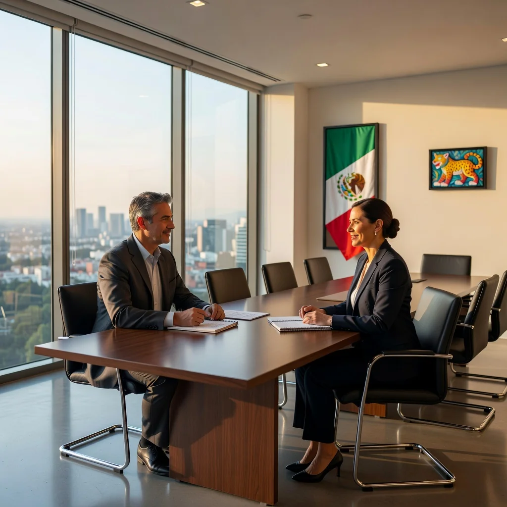 A photorealistic image depicting two adults engaged in a peaceful mediation session in a professional Mexican office setting, symbolizing conflict resolution through dialogue, with elements like a conference table, neutral expressions, and subtle Mexican cultural touches in the background, no children present.