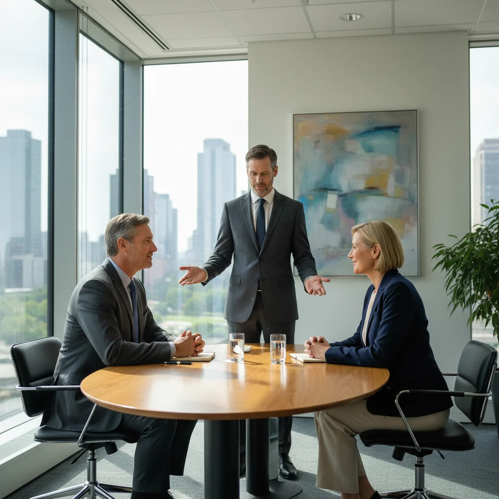 A photorealistic image depicting two adults in a professional mediation session, sitting across a table in a modern office, engaged in constructive dialogue with a neutral mediator facilitating, symbolizing effective conflict resolution without focusing on any documents.