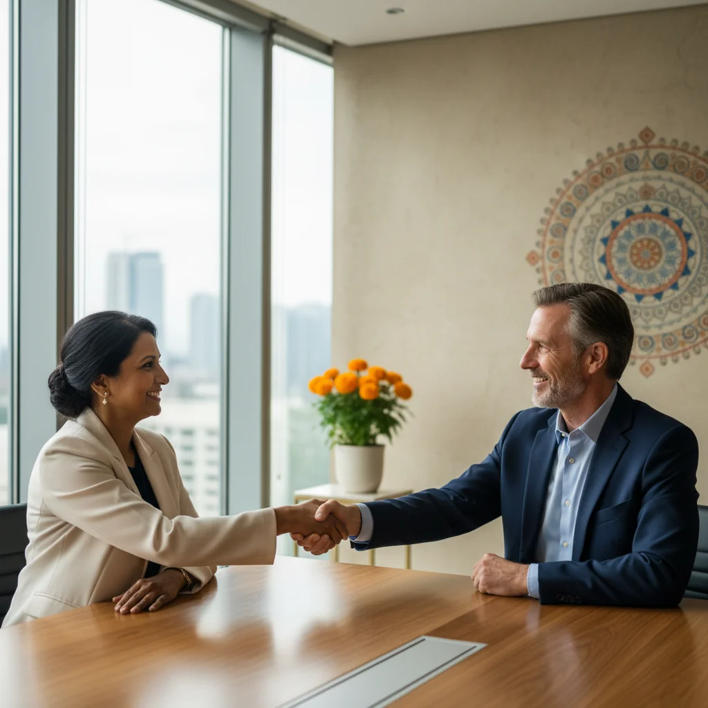 A photorealistic image depicting two adult professionals in a modern conference room shaking hands after a successful mediation session, symbolizing agreement and resolution in a legal context. The setting includes subtle Indian elements like traditional decor to represent India, with expressions of relief and satisfaction on their faces. No children are present in the image.