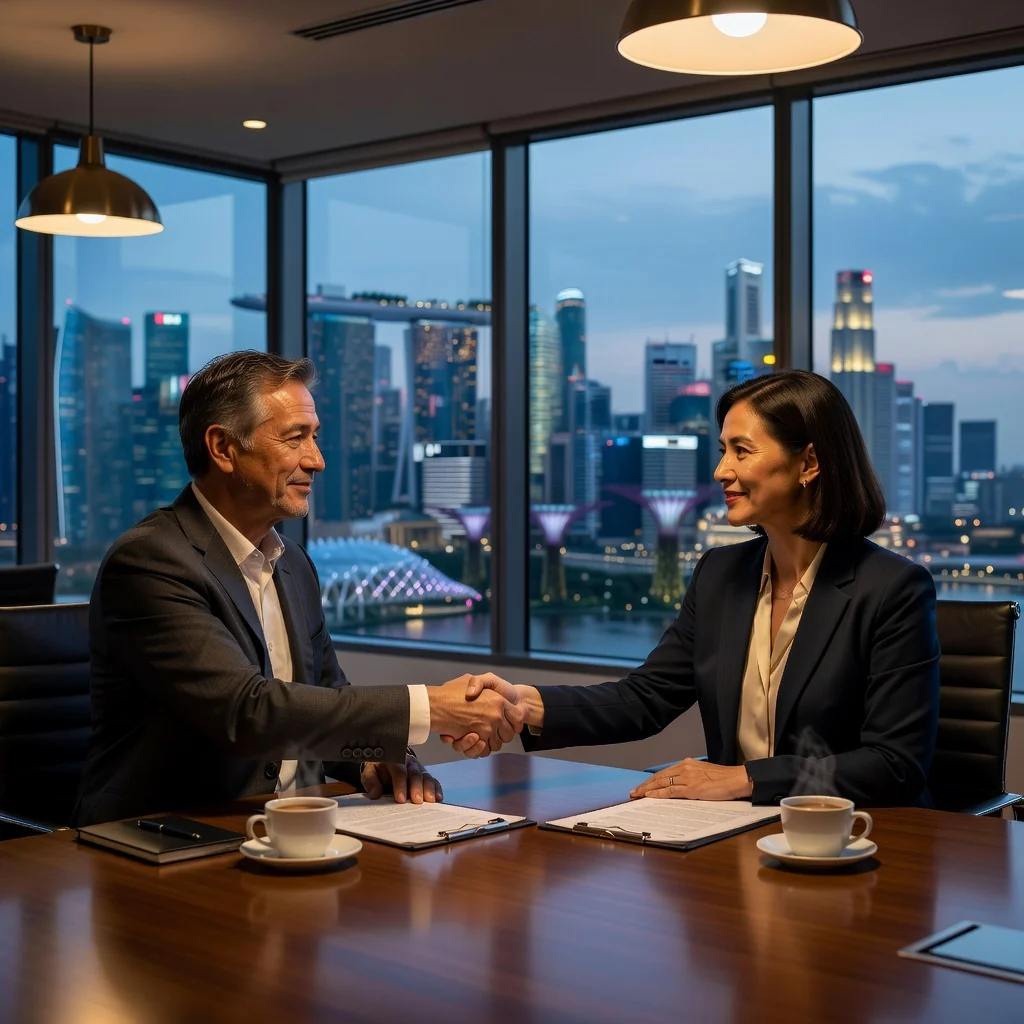 A photorealistic image depicting two adults in a professional setting in Singapore, engaged in a mediation discussion, symbolizing negotiation and resolution in settlement agreements. The scene shows a modern conference room with subtle Singaporean elements like city skyline view, conveying benefits and challenges of mediation without focusing on documents.