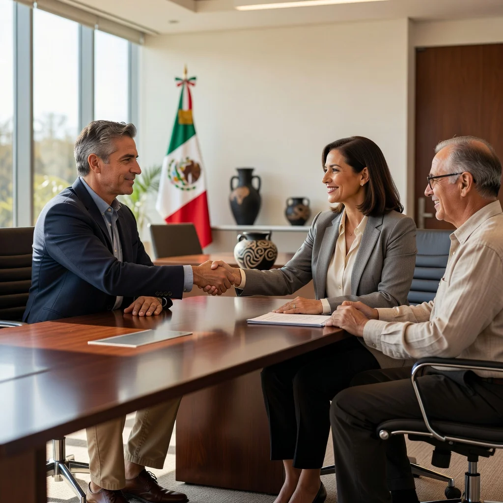 A photorealistic image depicting two adults in a professional mediation session in Mexico, sitting across a wooden table in a modern office with subtle Mexican cultural elements like a flag or artwork in the background, engaged in calm discussion with a neutral mediator facilitating, conveying resolution and agreement without showing any legal documents.