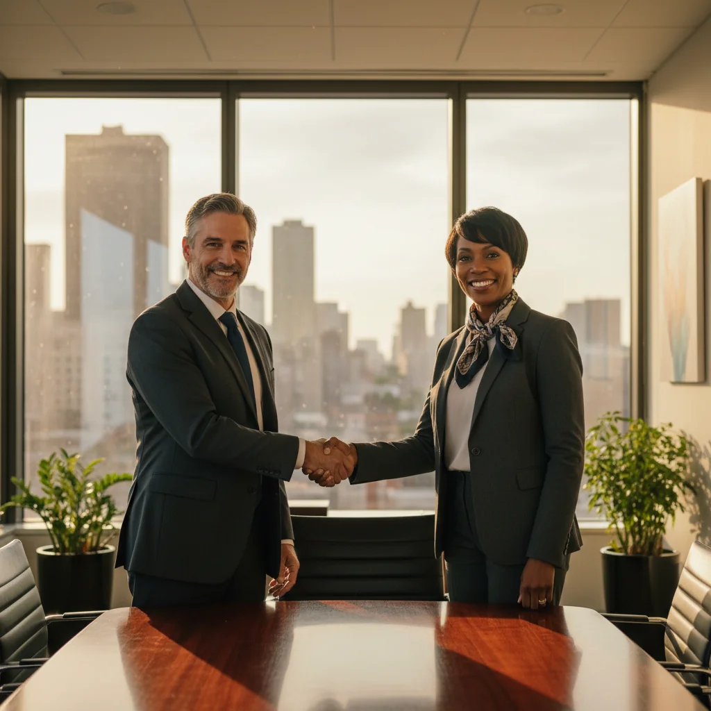 A photorealistic image depicting two professional adults, a man and a woman in business attire, shaking hands across a conference table in a modern office setting, symbolizing agreement and resolution through mediation. The background includes subtle elements like a neutral mediator or empty chairs, emphasizing peaceful negotiation without any focus on documents.