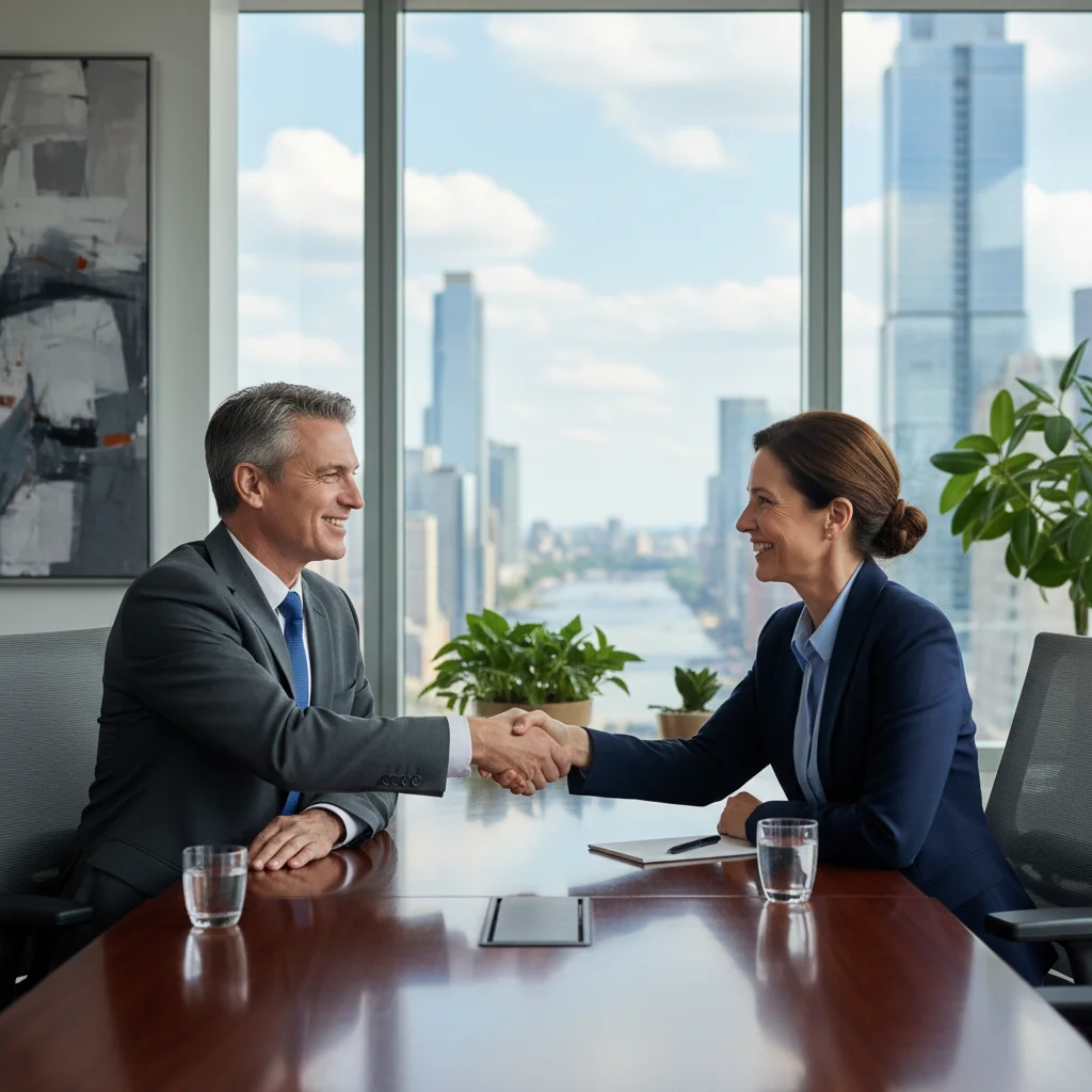 A photorealistic image of two professional adults, a man and a woman in business attire, engaged in a calm and constructive mediation discussion across a wooden table in a modern conference room. They are shaking hands, symbolizing agreement and resolution, with neutral expressions of understanding and cooperation. The setting includes subtle elements like a notepad and coffee cups, emphasizing peaceful negotiation without any legal documents visible. No children are present in the image.
