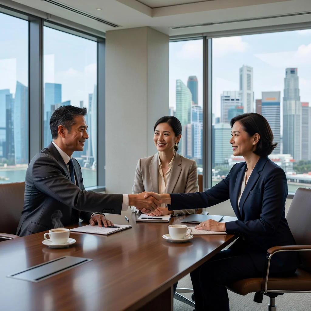 A photorealistic image depicting a professional mediation session in a modern Singapore office, showing two diverse adults in business attire engaged in a calm discussion across a table, with a neutral mediator facilitating, symbolizing peaceful resolution and agreement in a legal context, no children present.