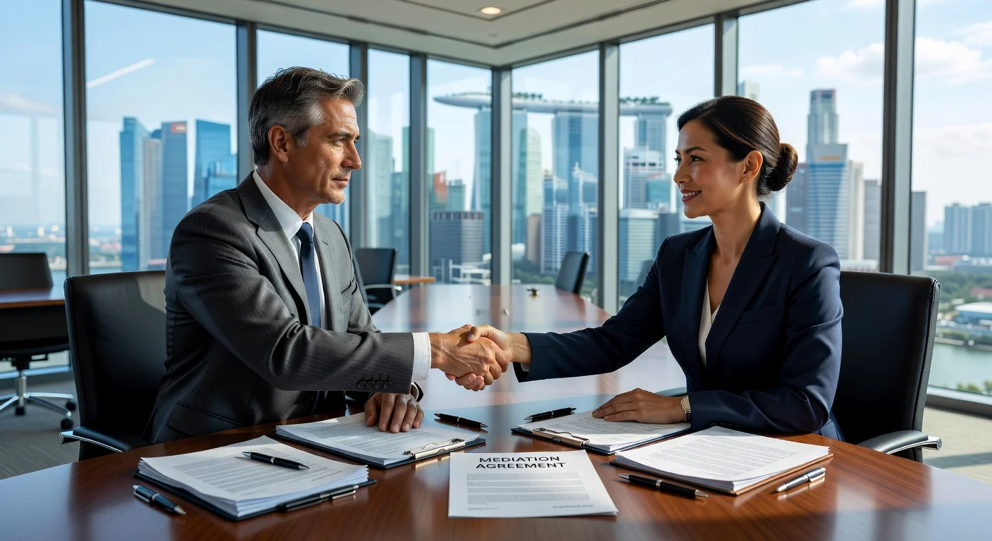 Professionals shaking hands at mediation table