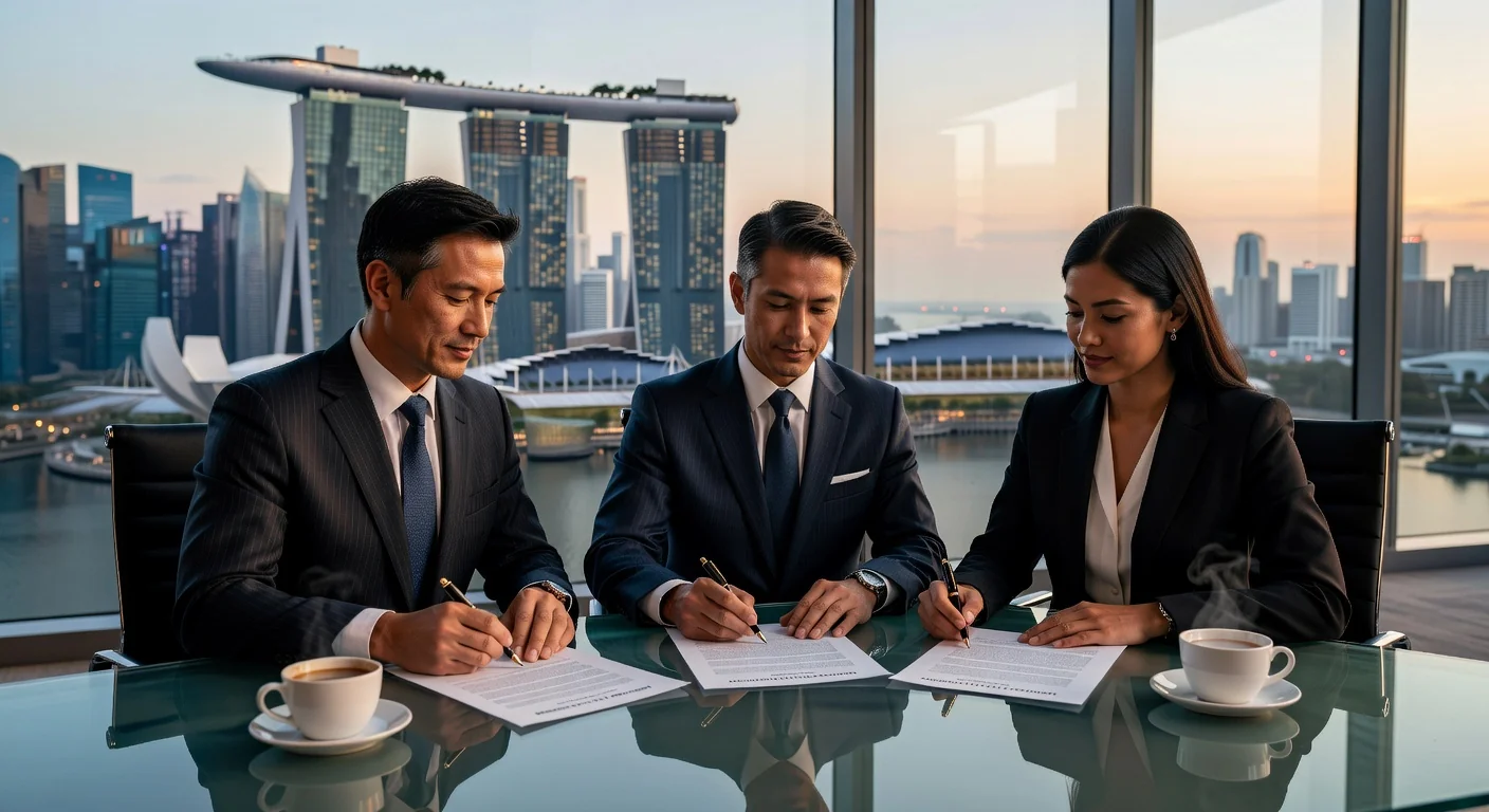 Singapore skyline with mediation agreement signing